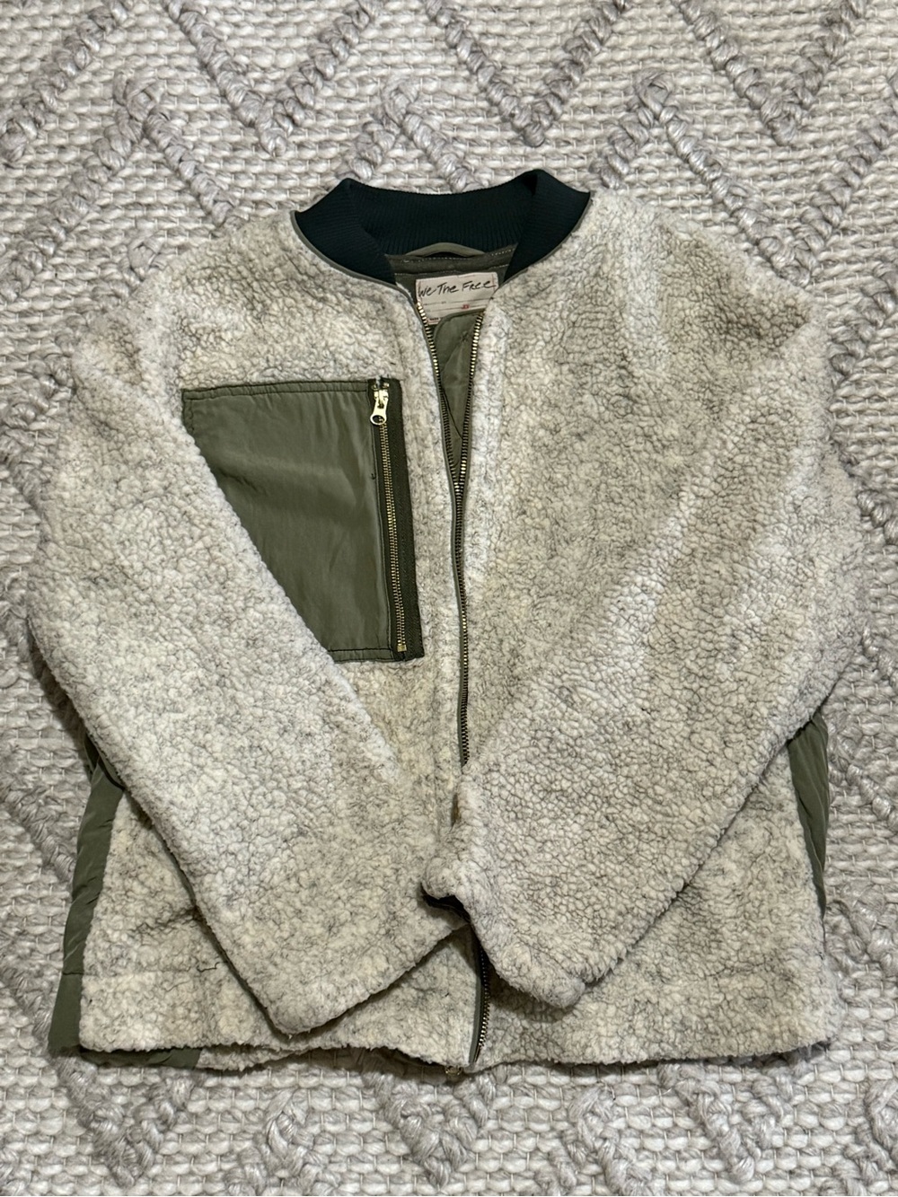 Free People Cream Sherpa Bomber with Olive Trim